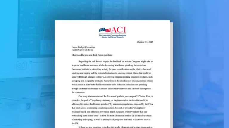 American Consumer Institute (ACI) Submits Comprehensive Study to Task Force on Healthcare Improvements and Cost Reduction