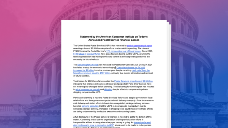 Statement by the American Consumer Institute on Today’s Announced Postal Service Financial Losses